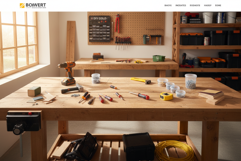 Établi de bricolage avec outils, perceuse, visserie et matériaux dans un atelier lumineux.