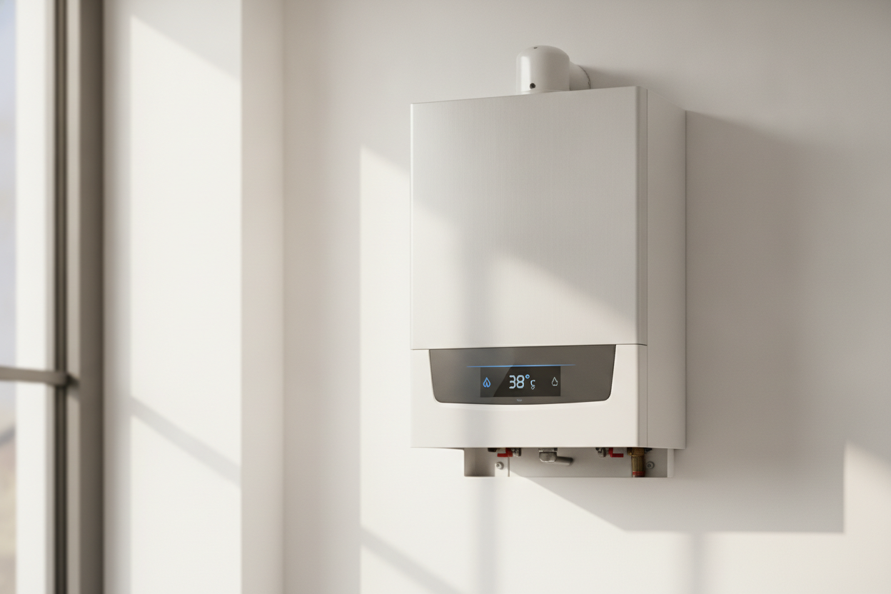 Chaudière gaz condensation moderne avec écran digital installée dans une cuisine lumineuse et épurée.