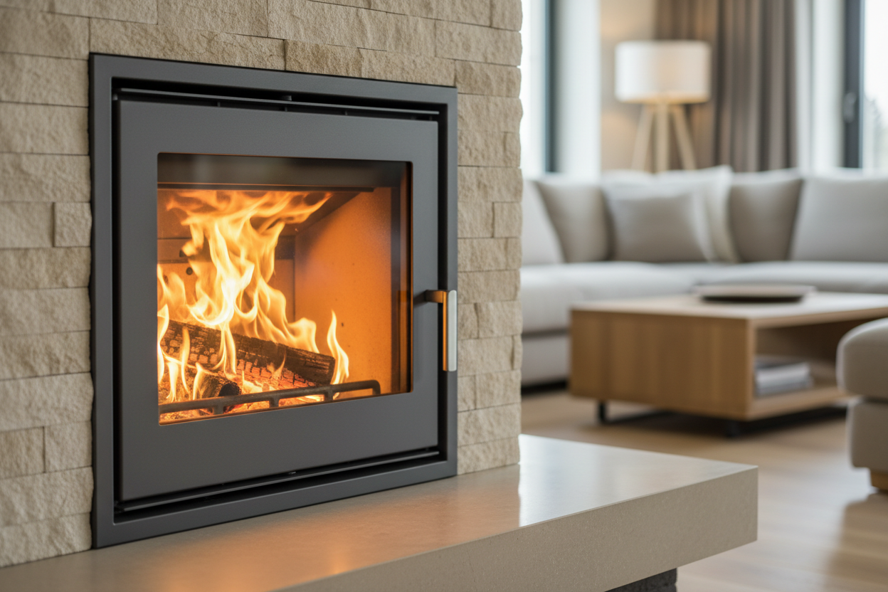 Poêle à bois moderne avec flammes visibles émettant une lumière chaleureuse et dorée.