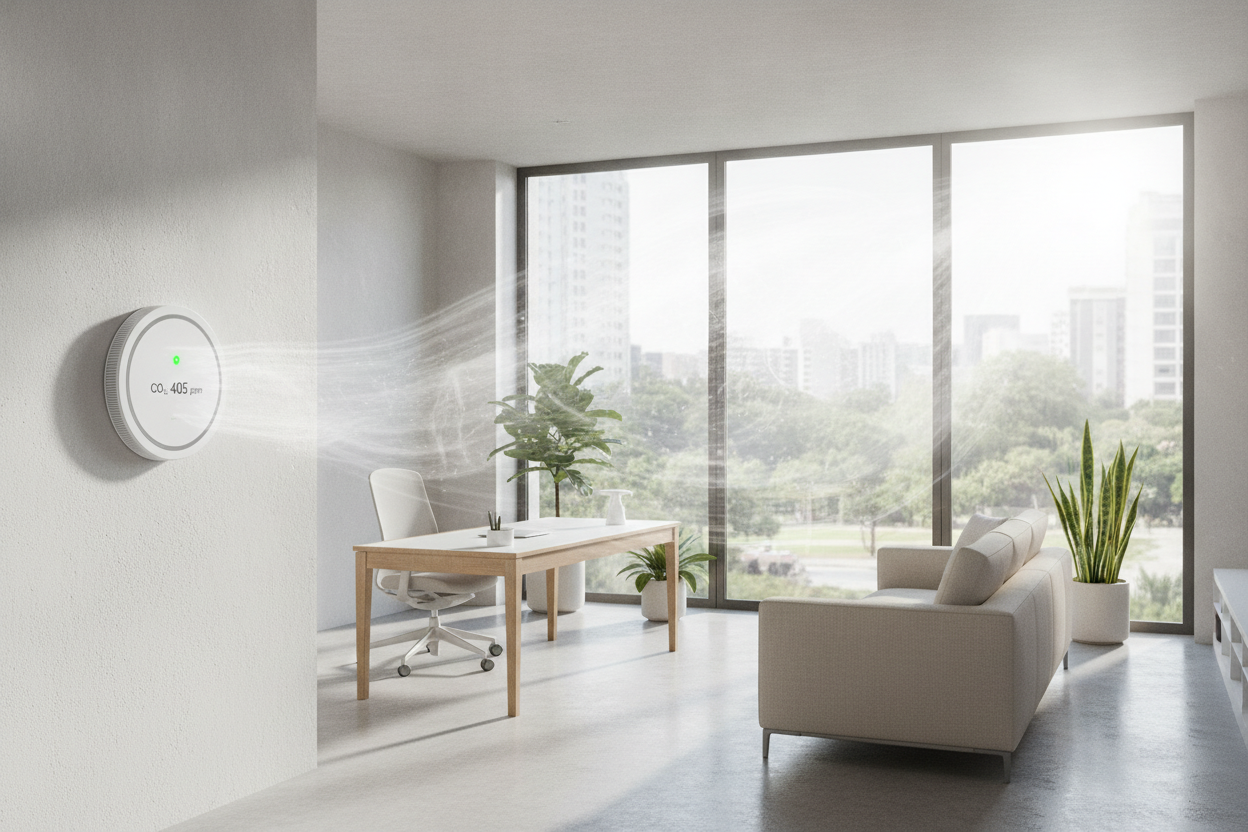 Intérieur moderne lumineux avec fenêtre, plantes et capteur de qualité de l'air reflétant un espace bien ventilé.