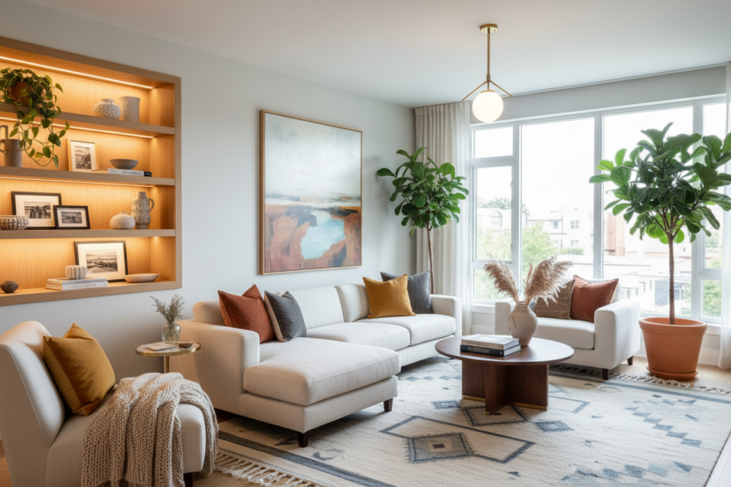 Intérieur chaleureux et moderne avec salon bien décoré, textiles, luminaires et objets déco harmonieux.