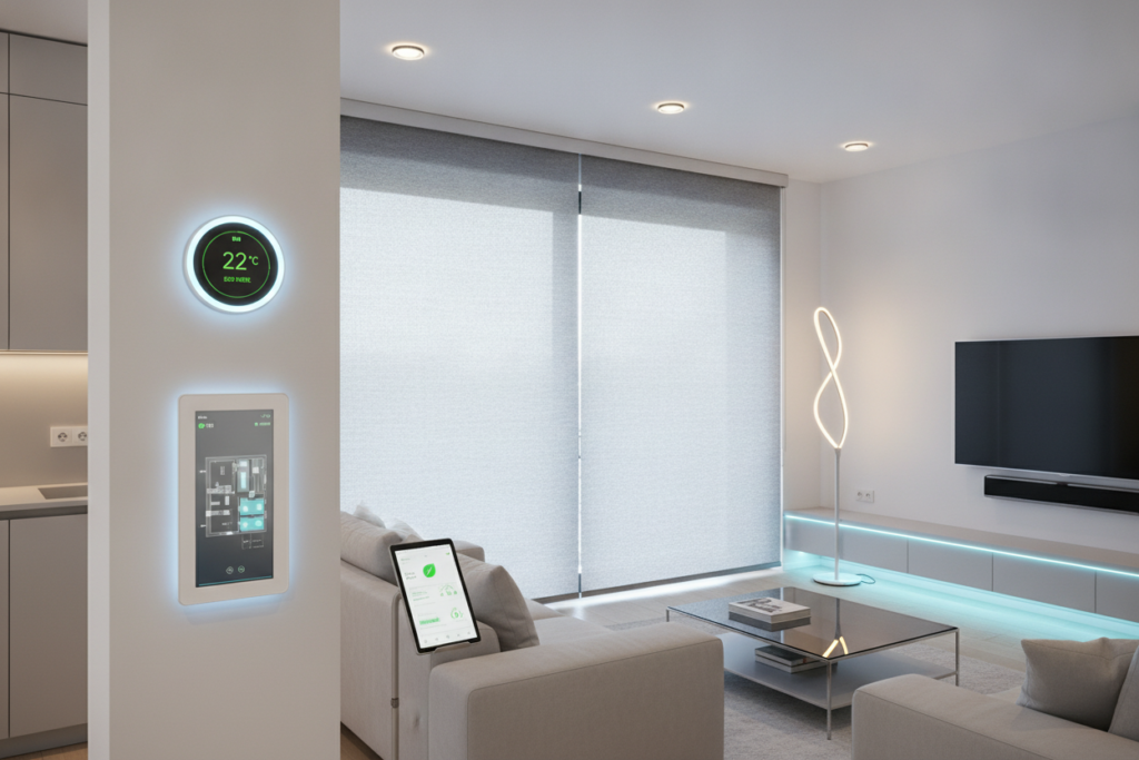 Maison moderne connectée avec éclairage intelligent, thermostat, volets motorisés et interface de pilotage visible.