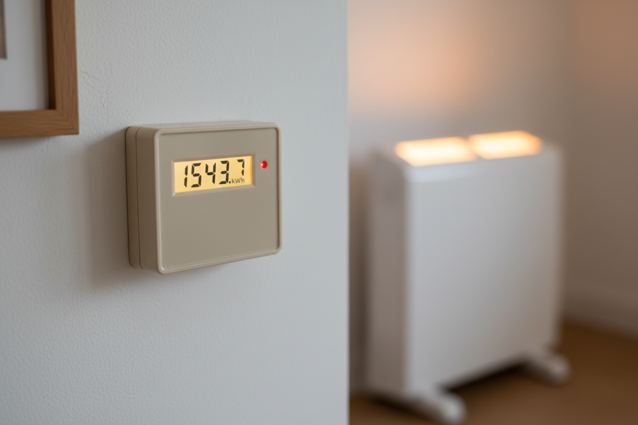 Compteur électrique affichant la consommation en kilowattheures avec radiateur électrique en arrière-plan.