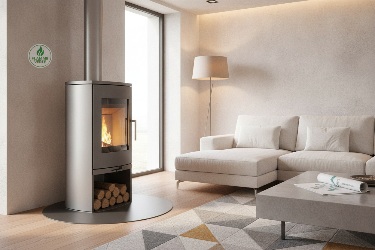 Poêle à bois certifié Flamme Verte installé dans un salon moderne avec documents administratifs d'aides régionales.
