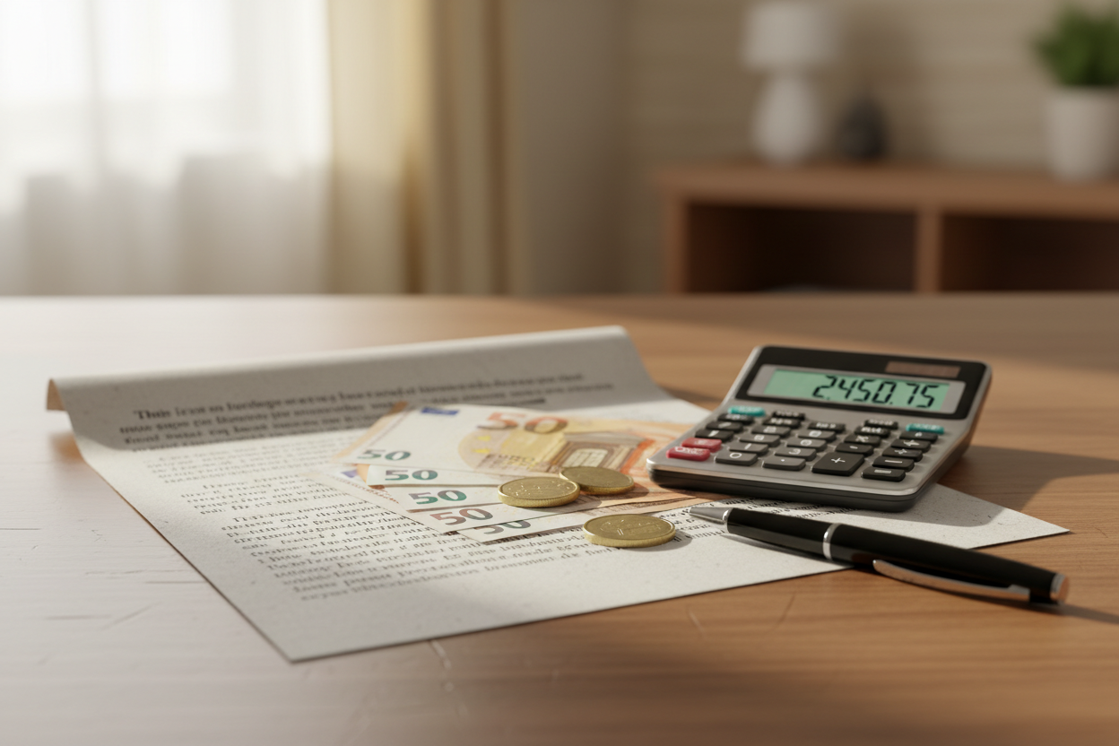 Devis de chauffage posé sur un bureau avec des billets en euros et une calculatrice pour estimer le coût total.