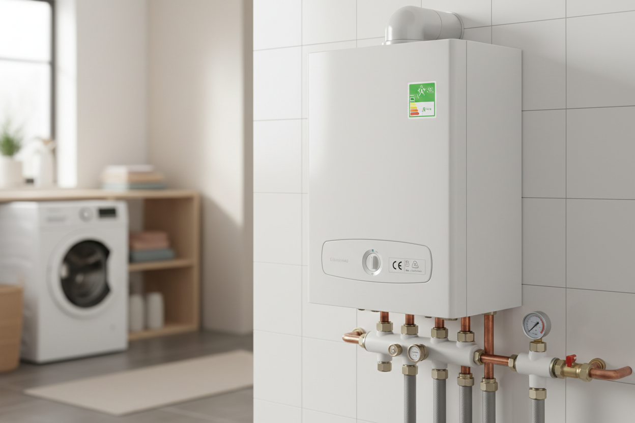 Chaudière à condensation gaz installée dans un logement, soumise aux nouvelles réglementations environnementales françaises.