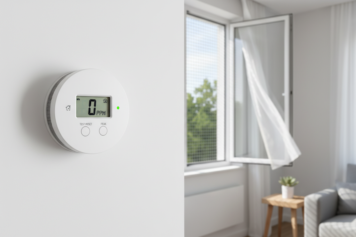 Détecteur de monoxyde de carbone installé sur un mur avec fenêtre entrouverte pour la ventilation.
