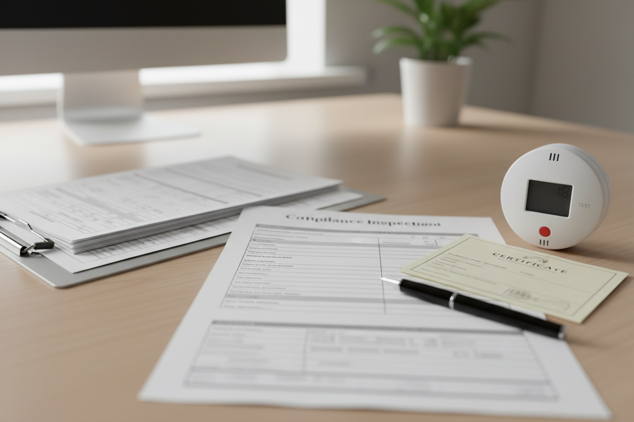 Certificat de contrôle de chaudière et détecteur CO posés sur un bureau lors d'une inspection ERP.