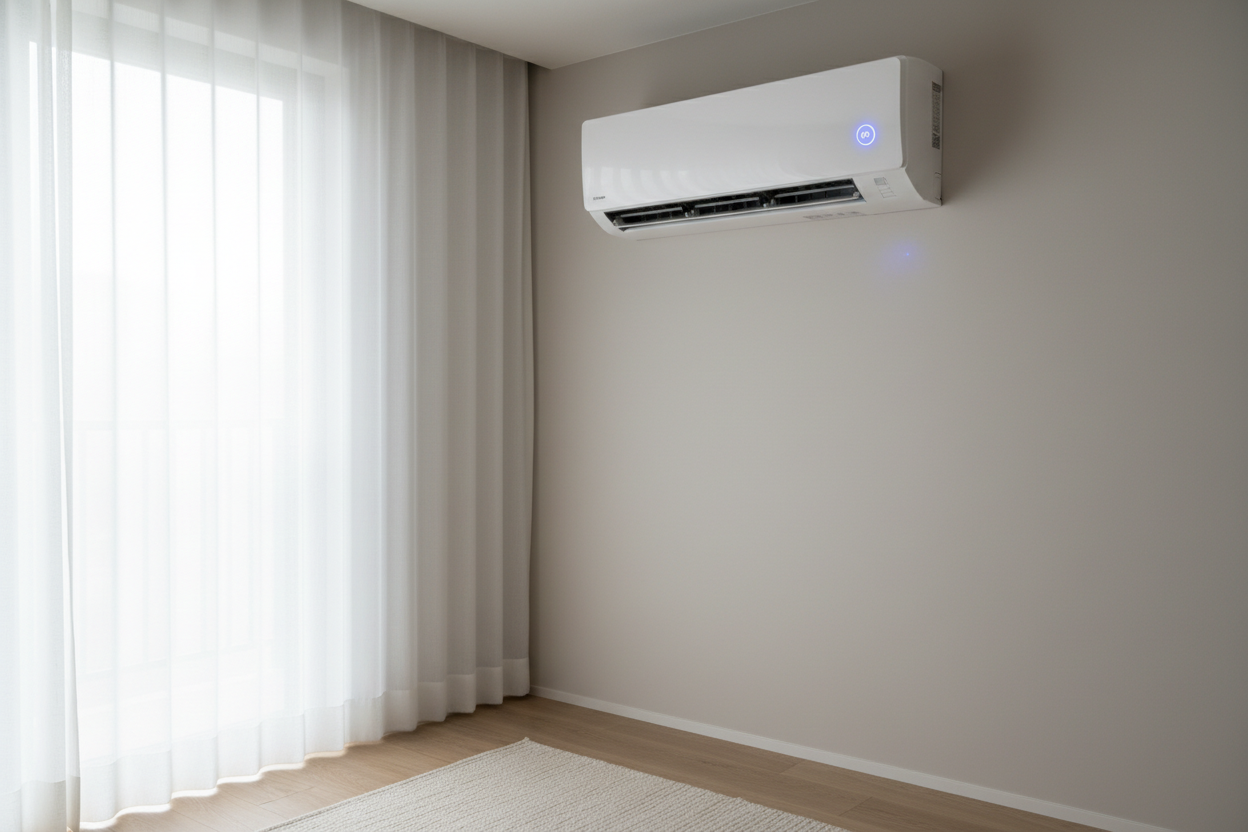 Unité intérieure de climatisation murale silencieuse avec connectivité Wi-Fi installée dans une chambre lumineuse.