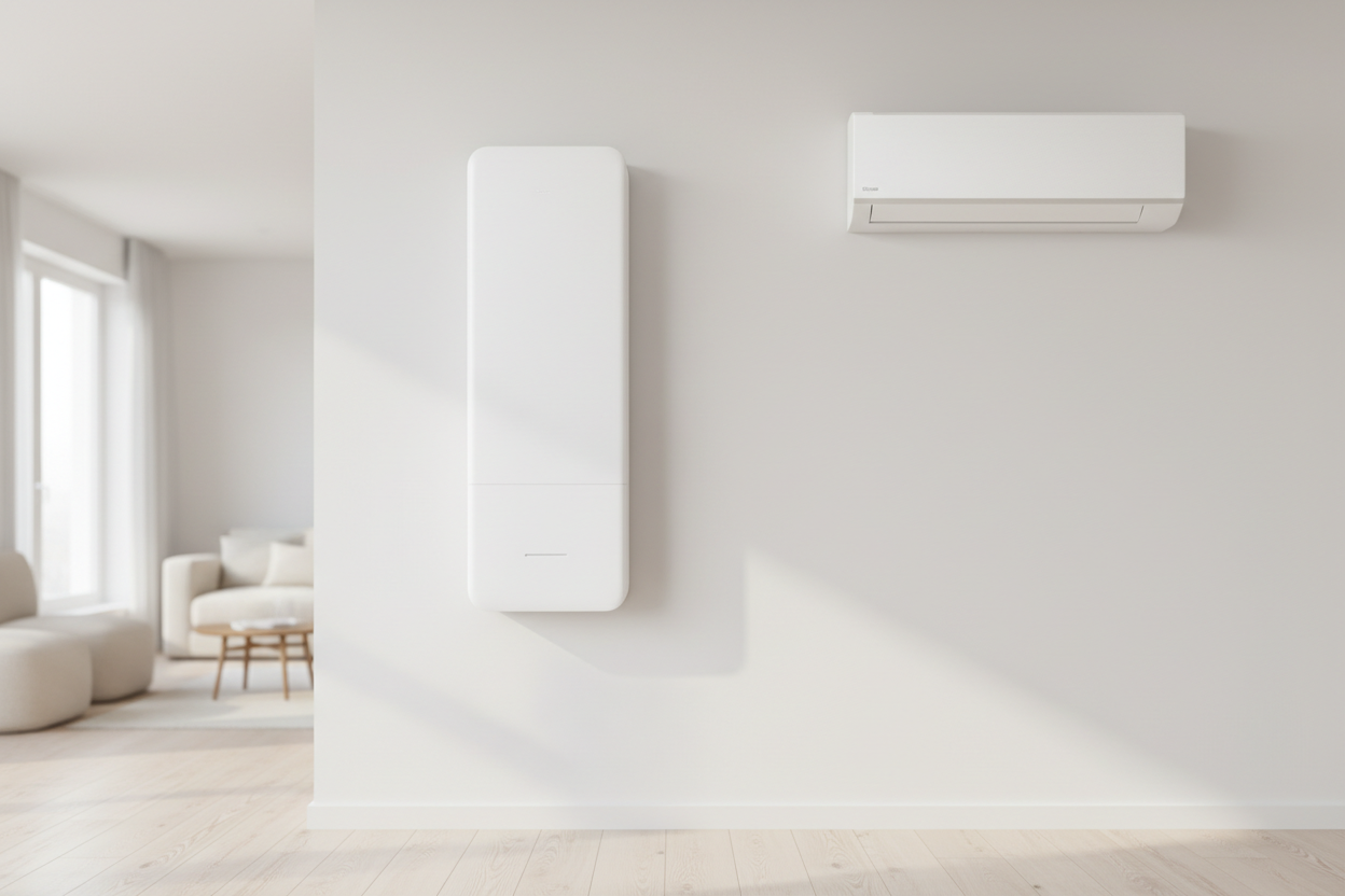 Deux unités intérieures de climatisation murales côte à côte, illustrant la comparaison entre différentes marques de climatiseurs.