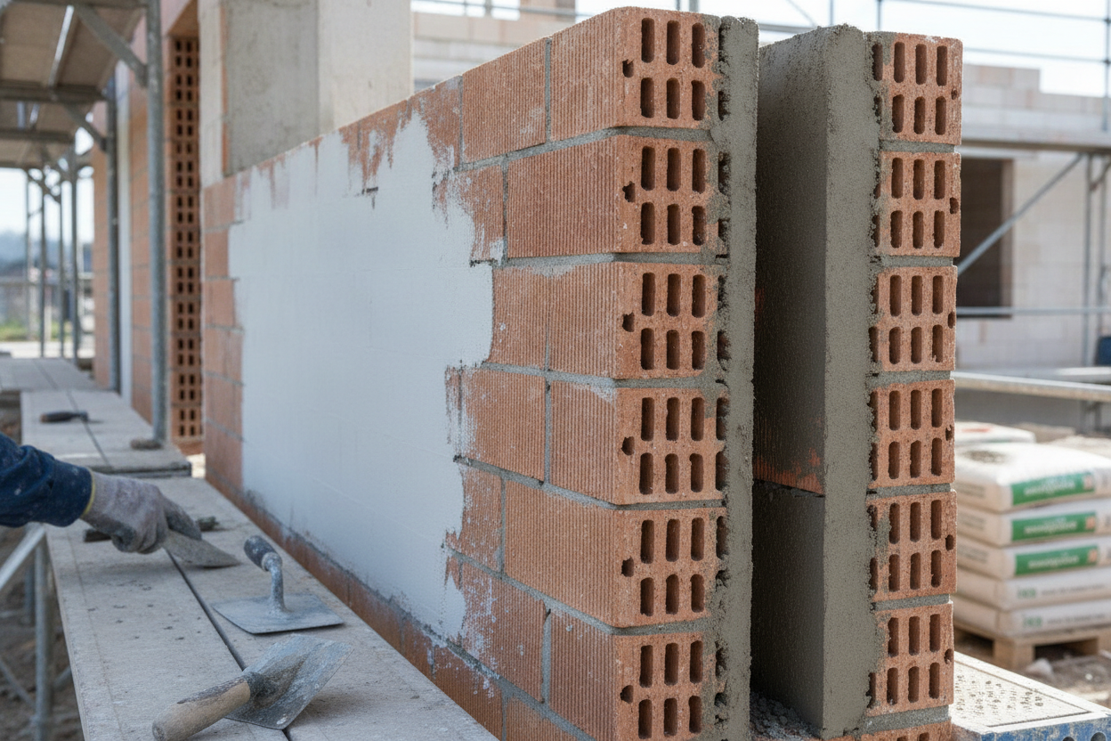 Détail constructif d'une maçonnerie Climamur 42 avec enduit de finition sur chantier.