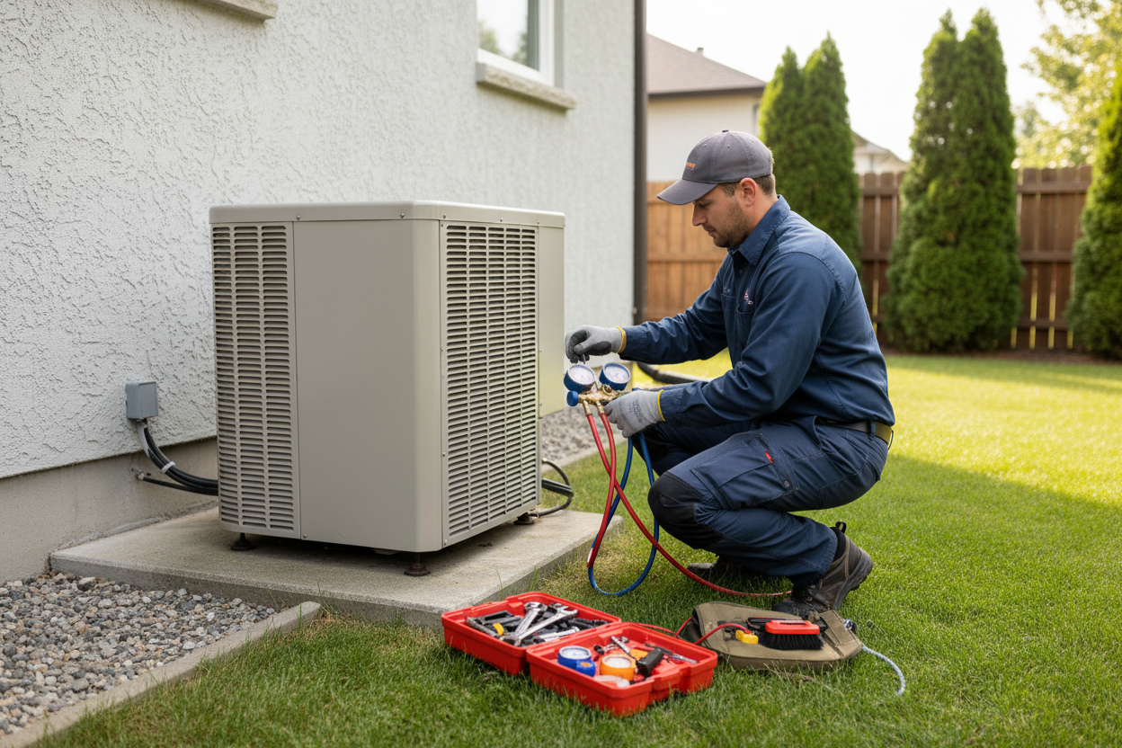 Technicien effectuant la maintenance annuelle d'une pompe à chaleur air-eau installée sur dalle béton extérieure.