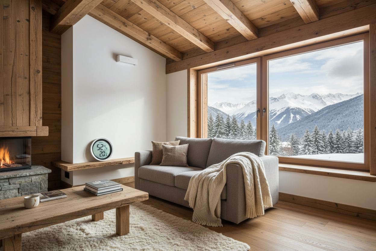 Intérieur d'un chalet alpin rénové avec une VMC double flux et un hygromètre affichant un taux d'humidité confortable.