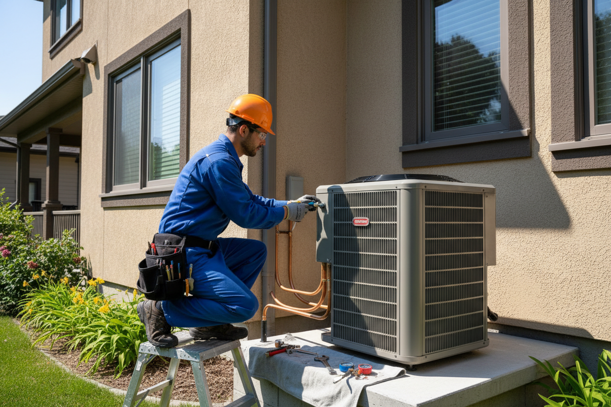 Technicien qualifié installant une unité extérieure de climatisation réversible avec respect des normes de sécurité.