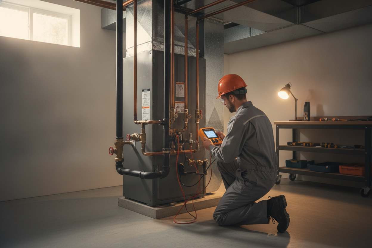 Technicien en chauffage inspectant une installation de chauffage résidentielle en sous-sol