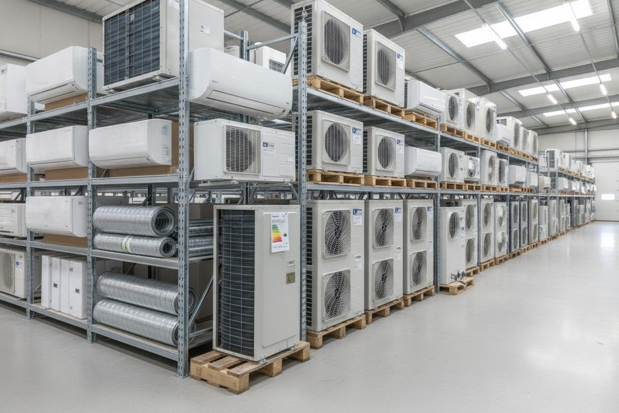 Unités de climatisation split et équipements VMC double flux stockés dans une agence de distribution CVC professionnelle.