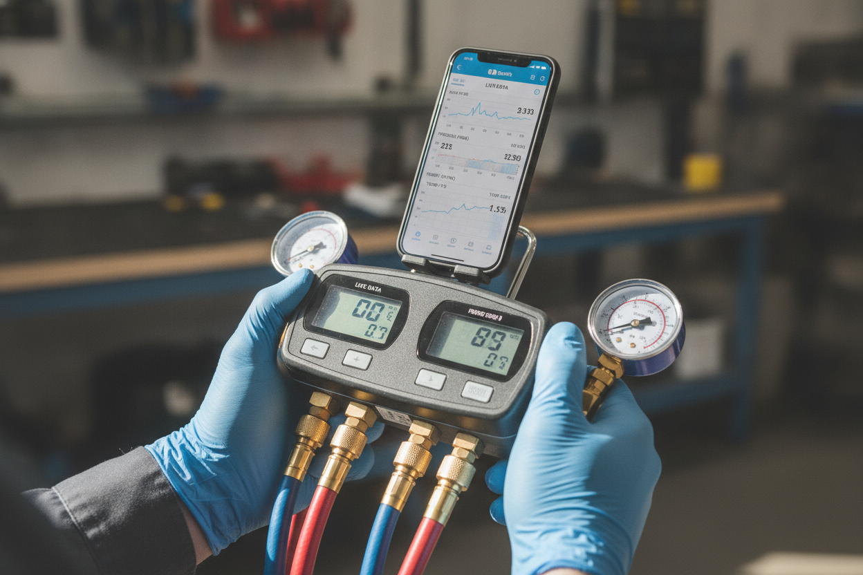 Manifold électronique avec connectivité Bluetooth affichant les données en temps réel sur smartphone du technicien.