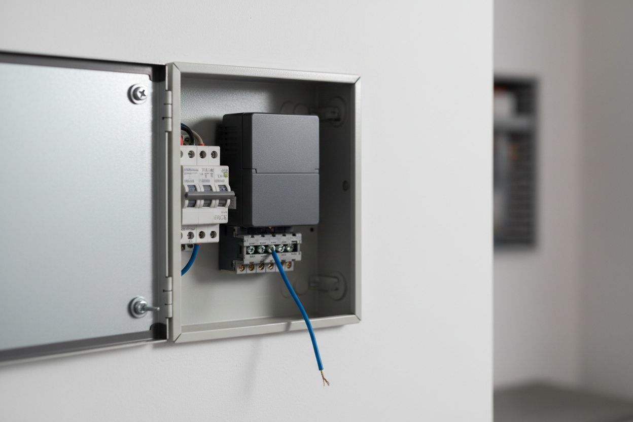 Boîtier de gestionnaire de chauffage ouvert avec voyants éteints et fil desserré sur une borne de connexion.