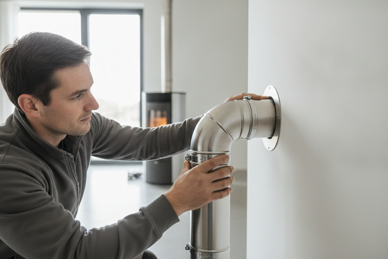 Installation d'un conduit de poêle à granulés dans une paroi de logement par un professionnel