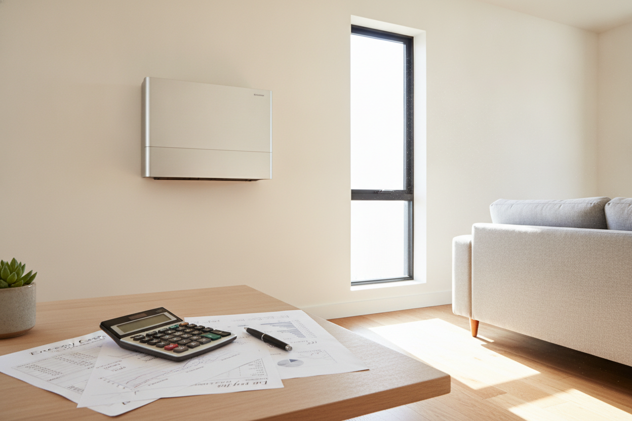Unité de pompe à chaleur murale dans un appartement moderne avec documents financiers et calculatrice montrant les économies réalisées.