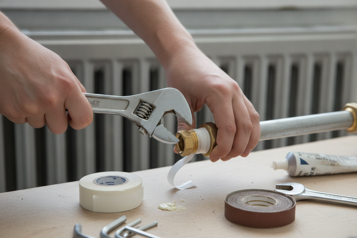 Technicien serrant un raccord de radiateur avec une clé, outils et filasse PTFE visibles.