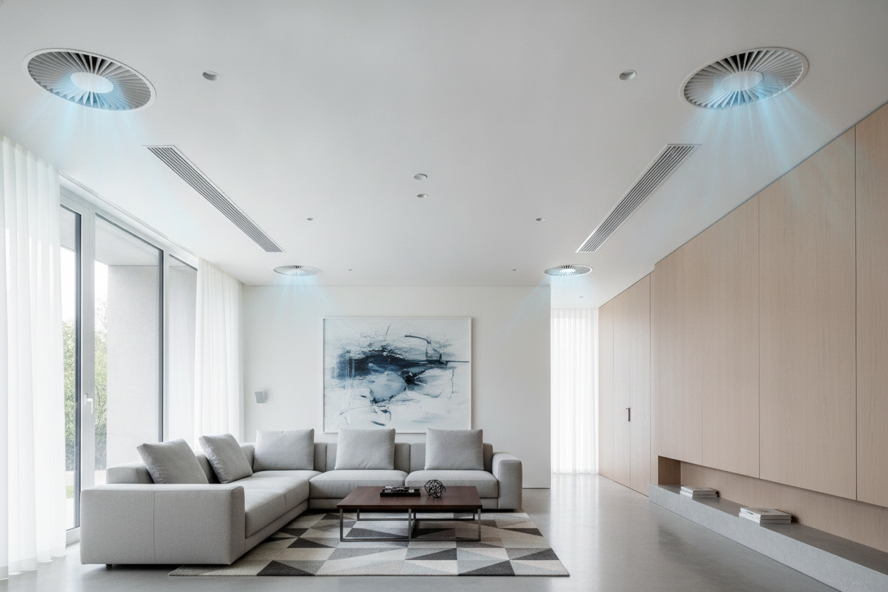 Système de ventilation moderne intégré dans un salon résidentiel avec grilles d'aération visibles au plafond.