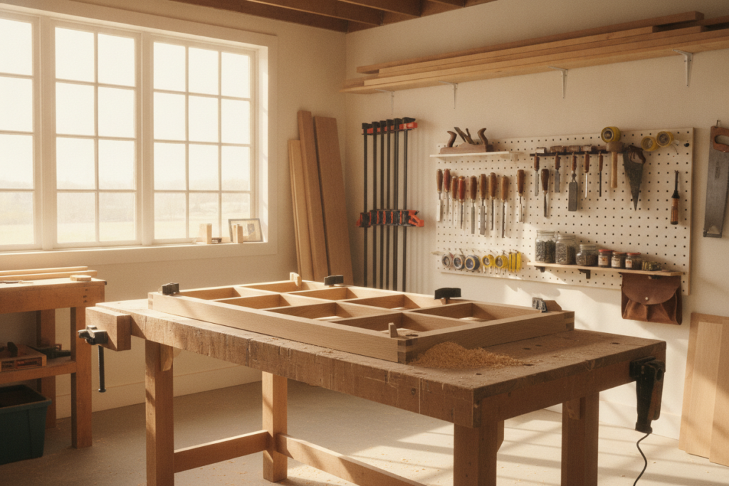 Atelier de menuiserie avec fenêtre en bois en fabrication, outils posés sur un établi et ambiance lumineuse chaleureuse.