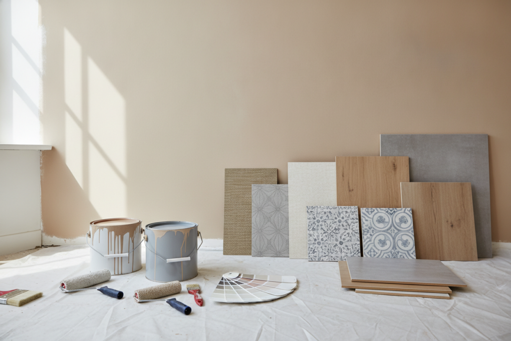 Mur intérieur fraîchement peint avec nuancier, rouleau, pots de peinture et échantillons de revêtement posés sur un chantier propre.