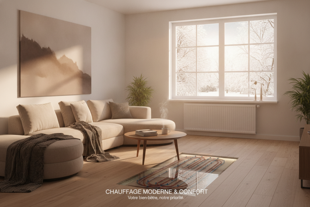 Intérieur de maison chaleureux avec radiateur moderne et ambiance confortable.