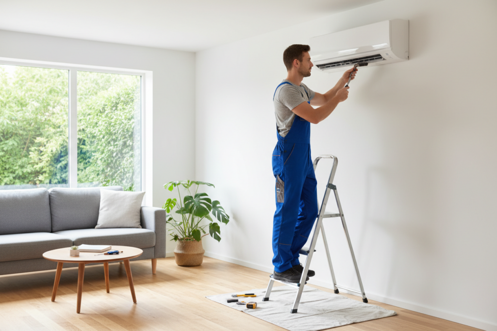 Un technicien chauffagiste intervenant sur une unité de climatisation murale dans un intérieur moderne et lumineux.