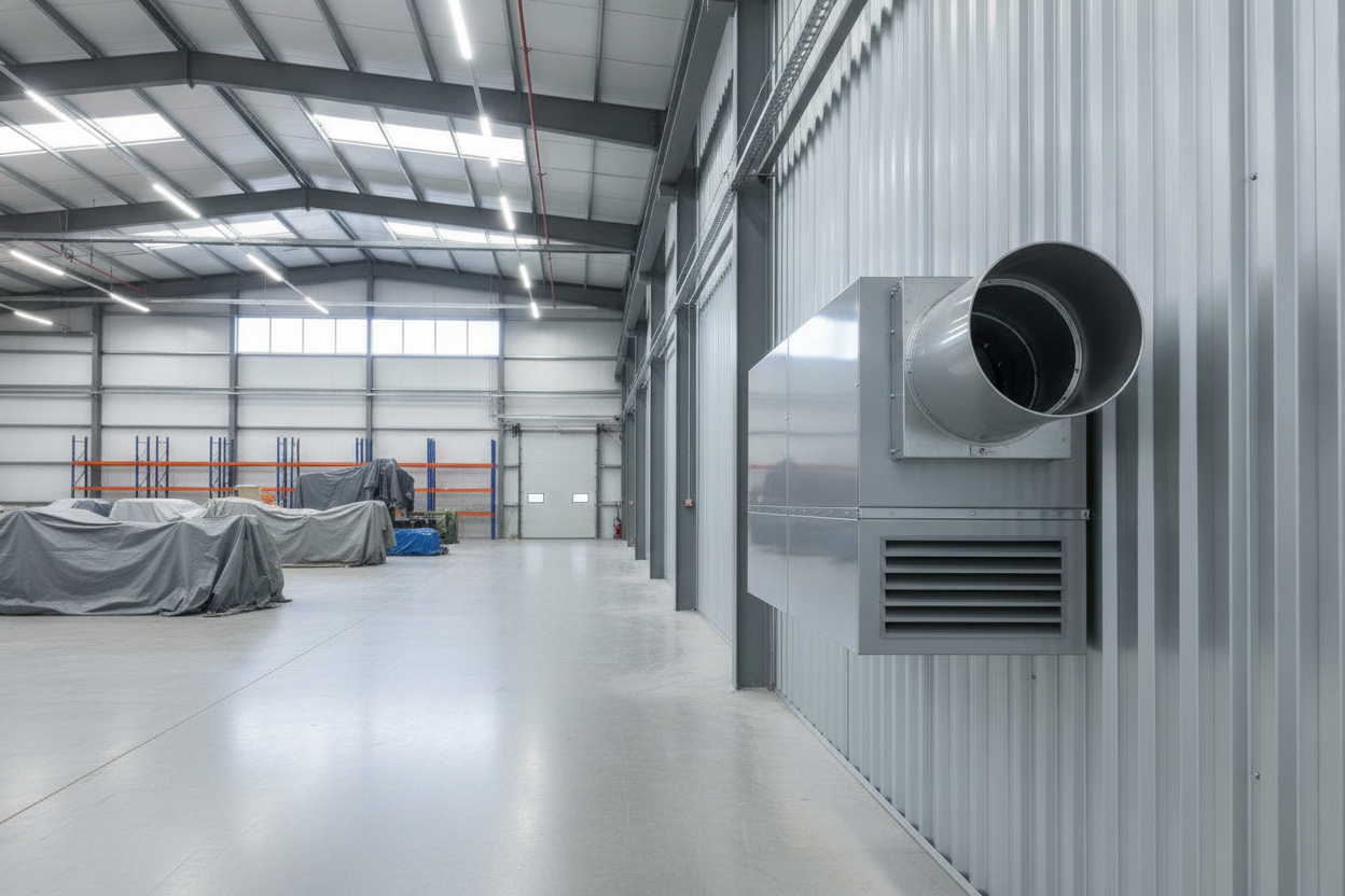 Aérotherme à gaz moderne installé dans un grand espace industriel, montrant l'équipement de chauffage professionnel.
