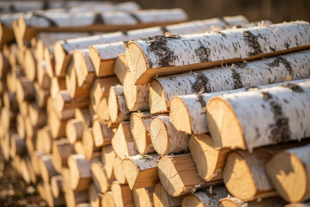 Bois de bouleau fendu empilé avec écorce blanche naturelle et veinures du grain visible.