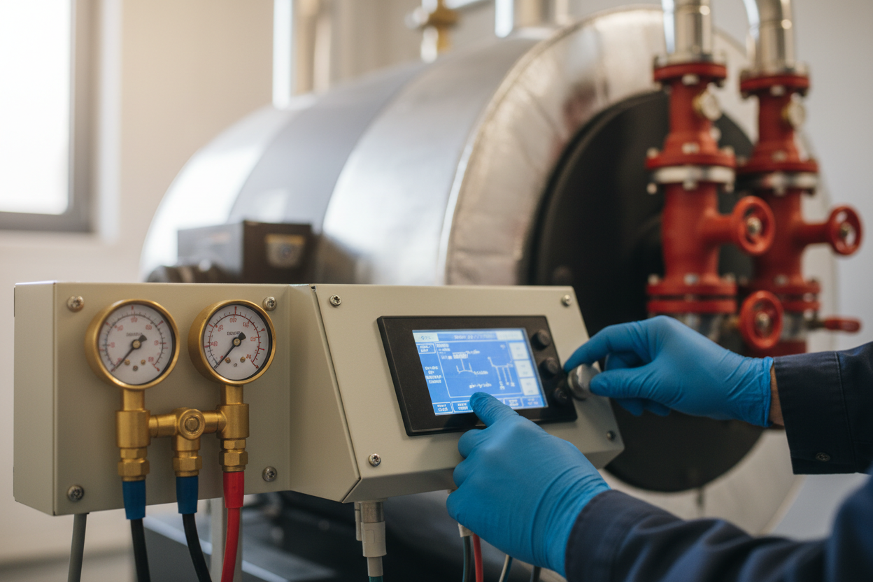 Technicien inspectant le tableau de commande et les manomètres d'une chaudière en diagnostic de panne.