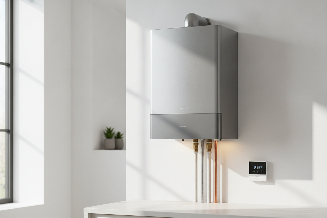 Chaudière murale gaz condensation moderne installée dans une cuisine lumineuse avec thermostat intégré.