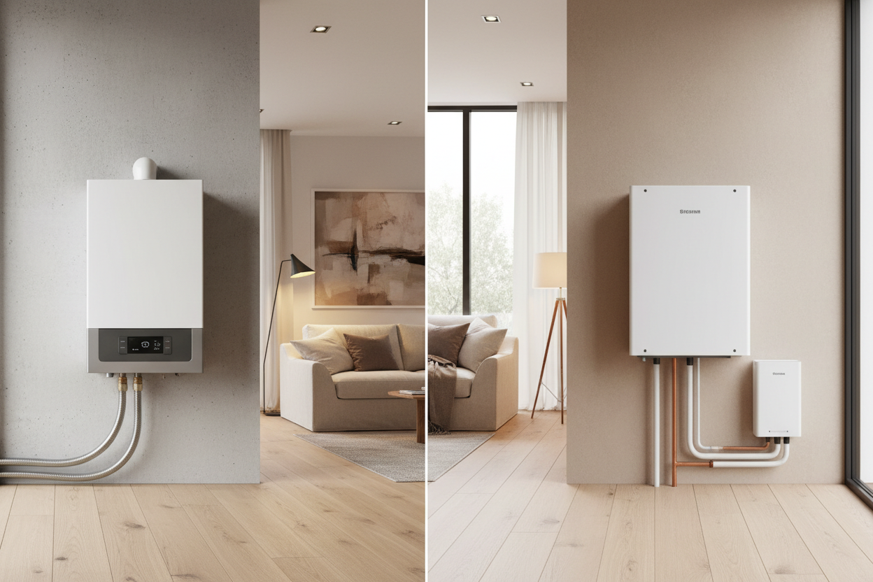 Comparaison visuelle d'une chaudière gaz et d'une pompe à chaleur électrique dans un intérieur moderne.