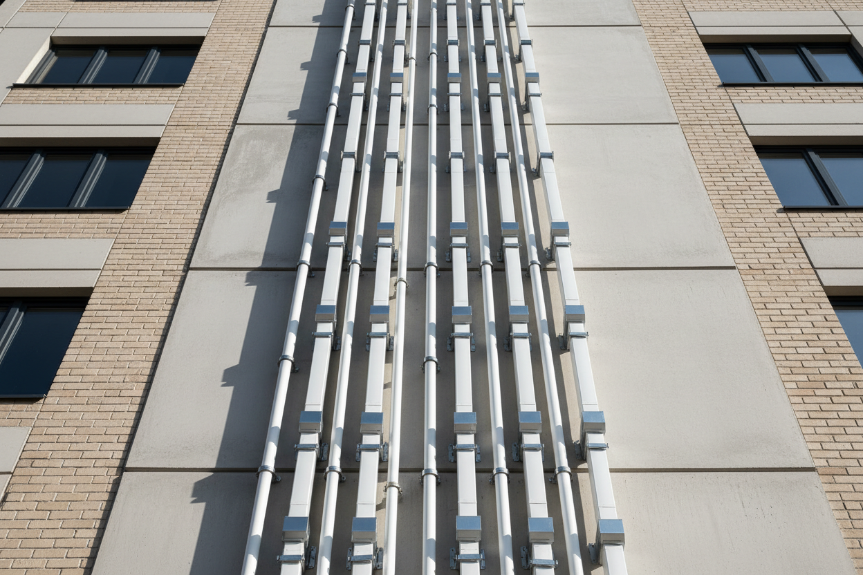 Conduits verticaux blancs d'évacuation et d'arrivée d'air sur la façade d'un immeuble collectif moderne.