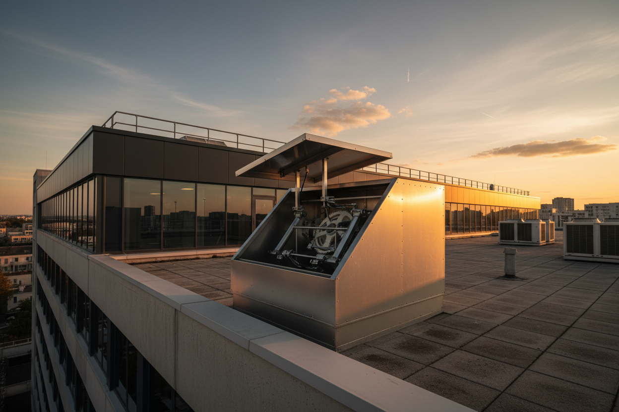 Exutoire de désenfumage installé sur la toiture d'un bâtiment professionnel, avec mécanisme d'ouverture visible.