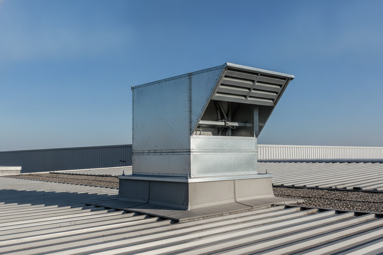 Exutoire de fumée métallique installé sur la toiture d'un bâtiment industriel moderne en plein jour.