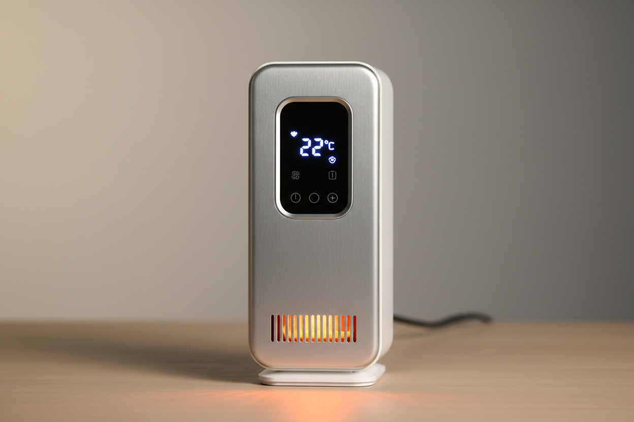 Radiateur d'appoint moderne avec thermostat numérique, symbolisant l'efficacité énergétique et le chauffage économique.