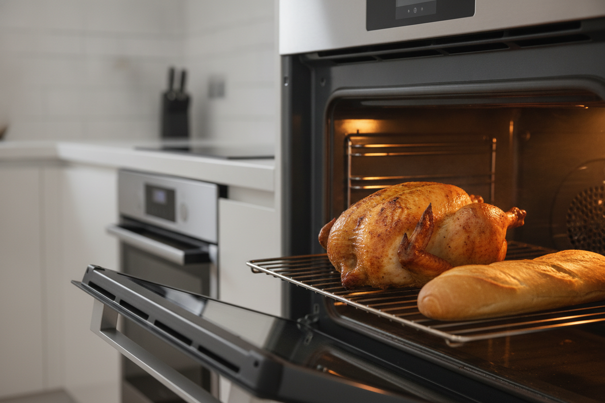 Intérieur d'un four chaud avec rôti doré et pain en cuisson à température optimale