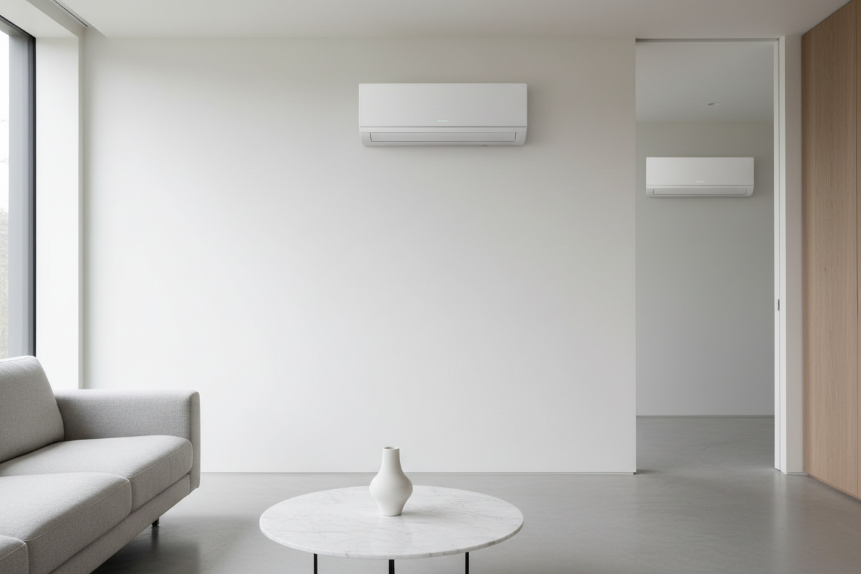 Unité murale de climatisation moderne installée dans un salon minimaliste sans unité extérieure visible.