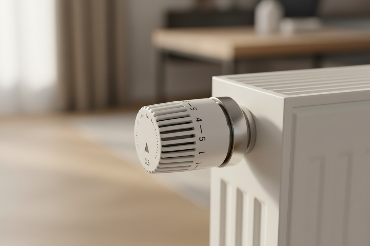 Tête thermostatique moderne installée sur radiateur blanc avec cadran de régulation de température visible