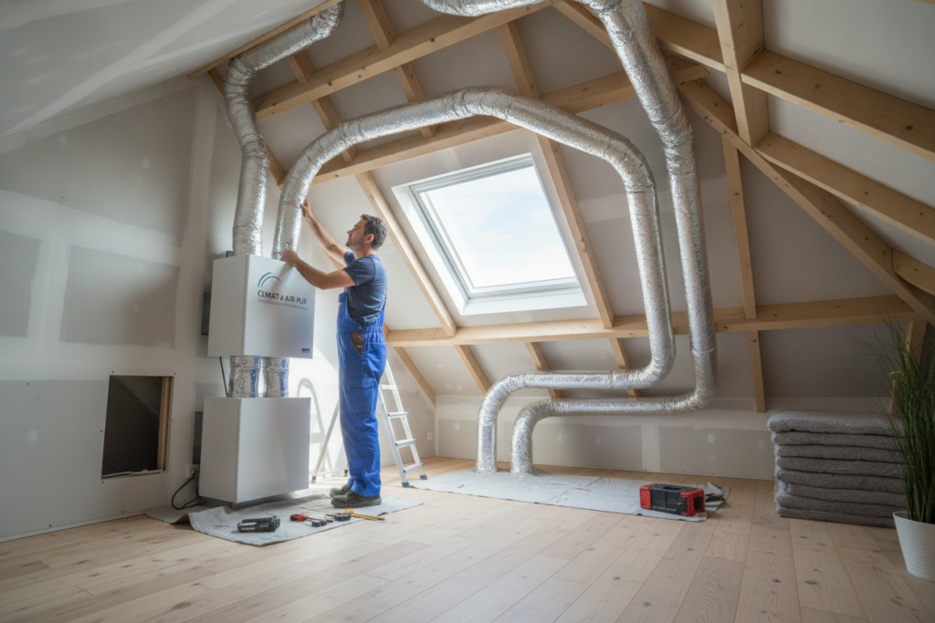 Technicien chauffagiste installant une VMC moderne dans des combles propres, avec gaines de ventilation visibles.