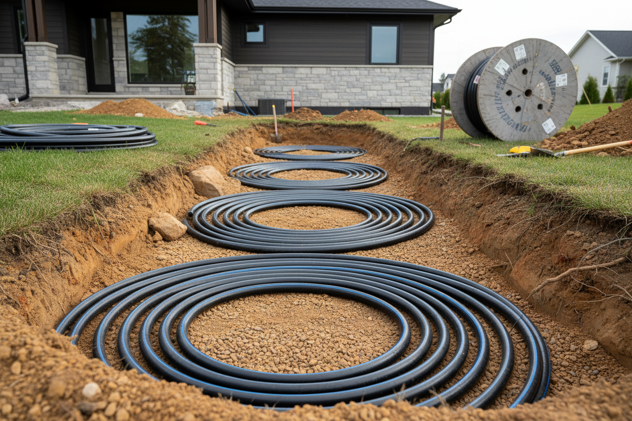 Installation de capteurs géothermiques horizontaux enterrés dans le sol pour système de chauffage souterrain.