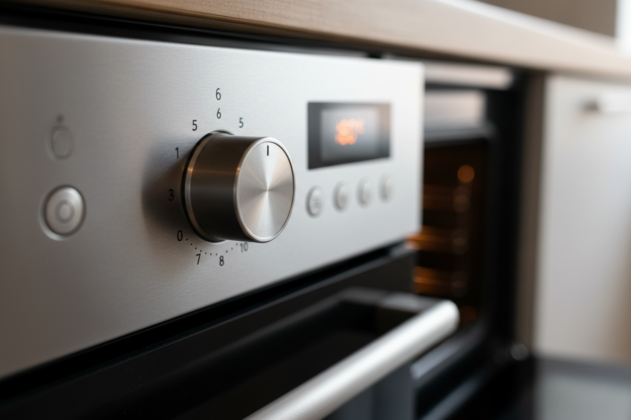 Gros plan sur un thermostat de four réglé à la position 6 avec marquages de température visibles.